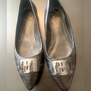 Tory Burch Size 9 pointed toe silver buckle flats